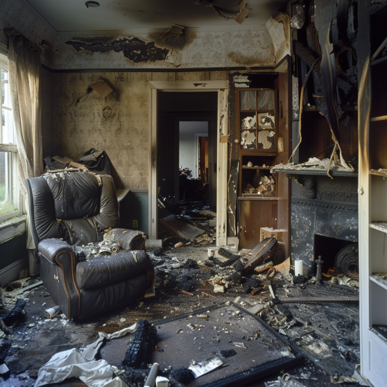 Burned living room with damaged furniture and debris.